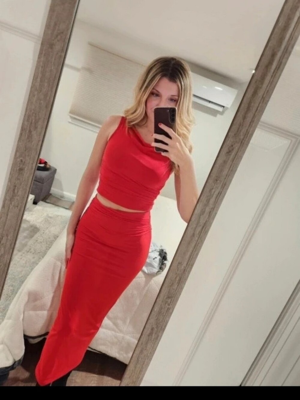 Shein Red High-Waist Maxi Skirt Set Size Small